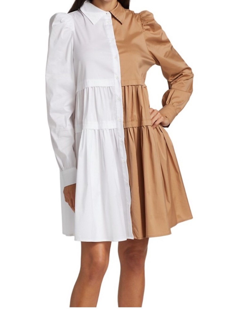 MUNTHE Two-Tone White and Tan A-Line Shirt Dress
